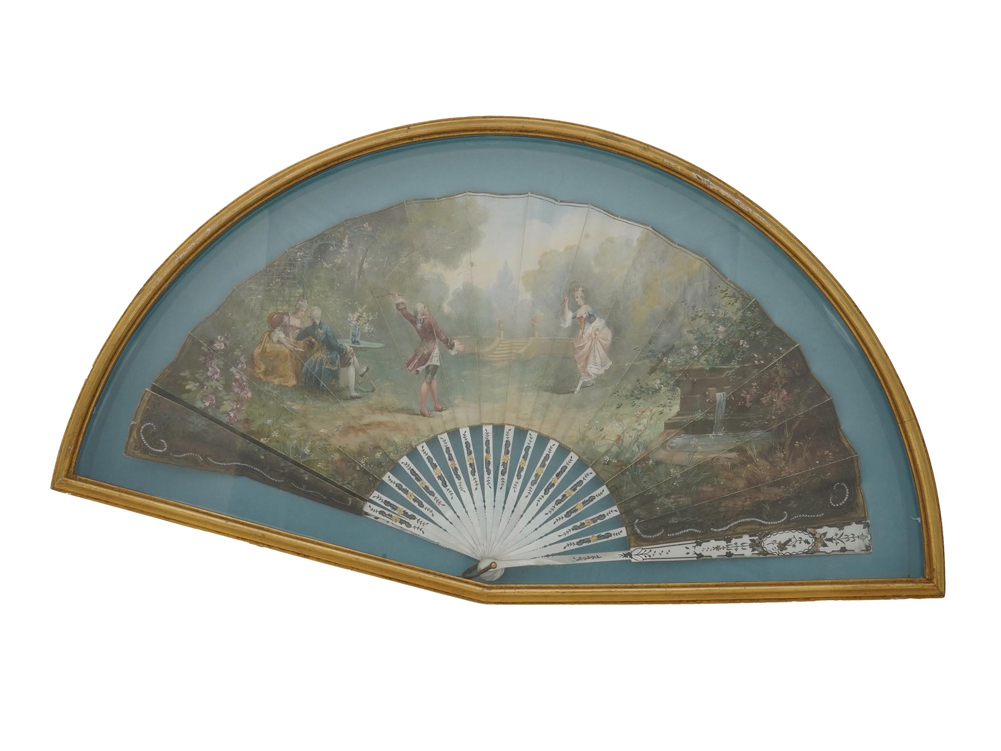 ANTIQUE FRENCH MOTHER OF PEARL PAINTED FAN SIGNED PIC-0